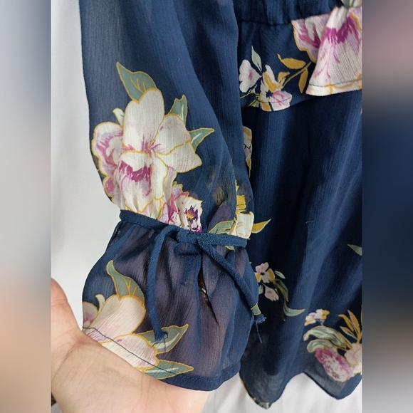 Y2K Sheer Boho party‎ Barbiecore XS Romantic Fairy Floral Navy Blue Summer Dress - Picture 4 of 11
